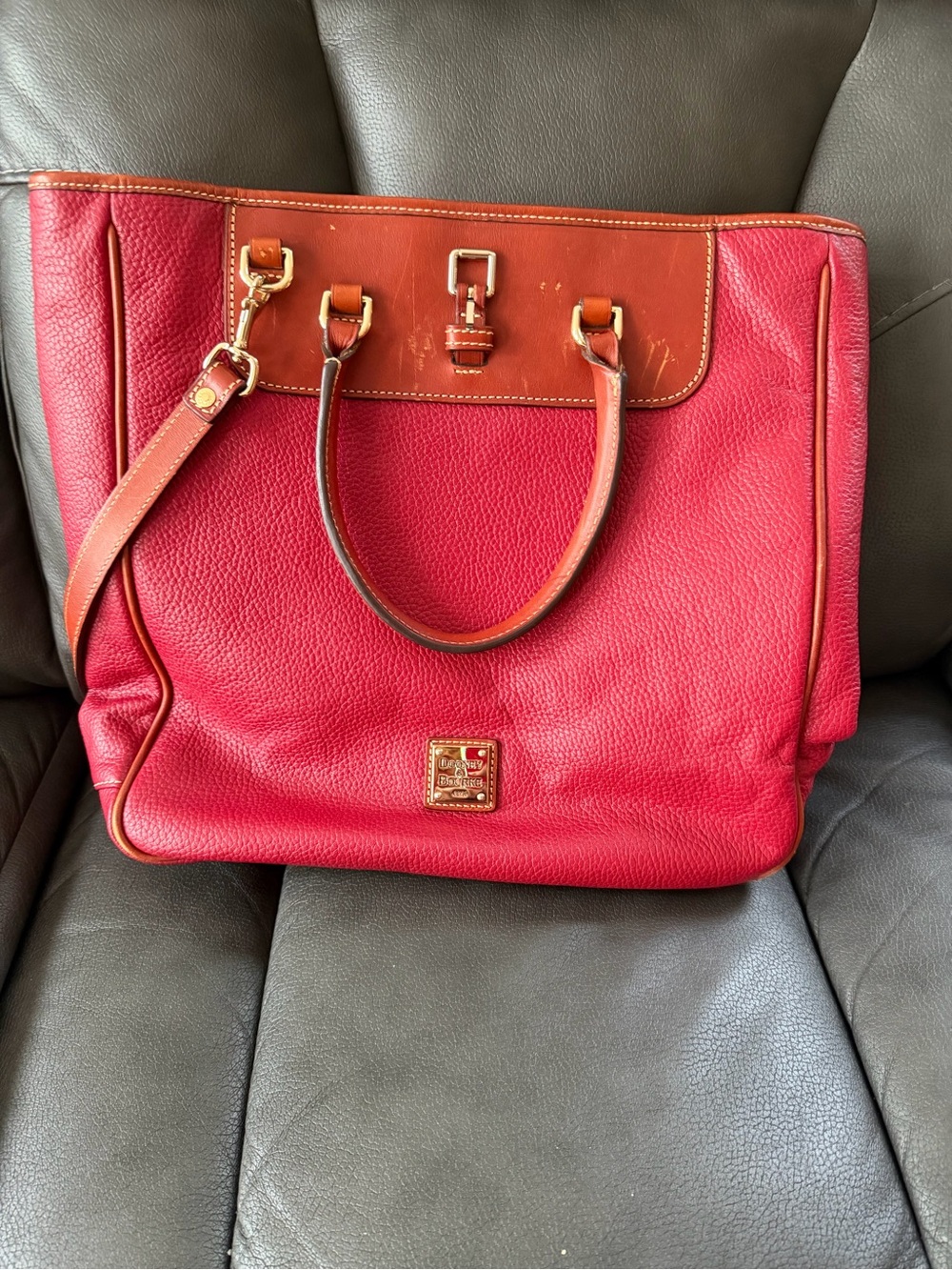Dooney & Bourke Red Leather Tote with Brown Trim and Gold Hardware